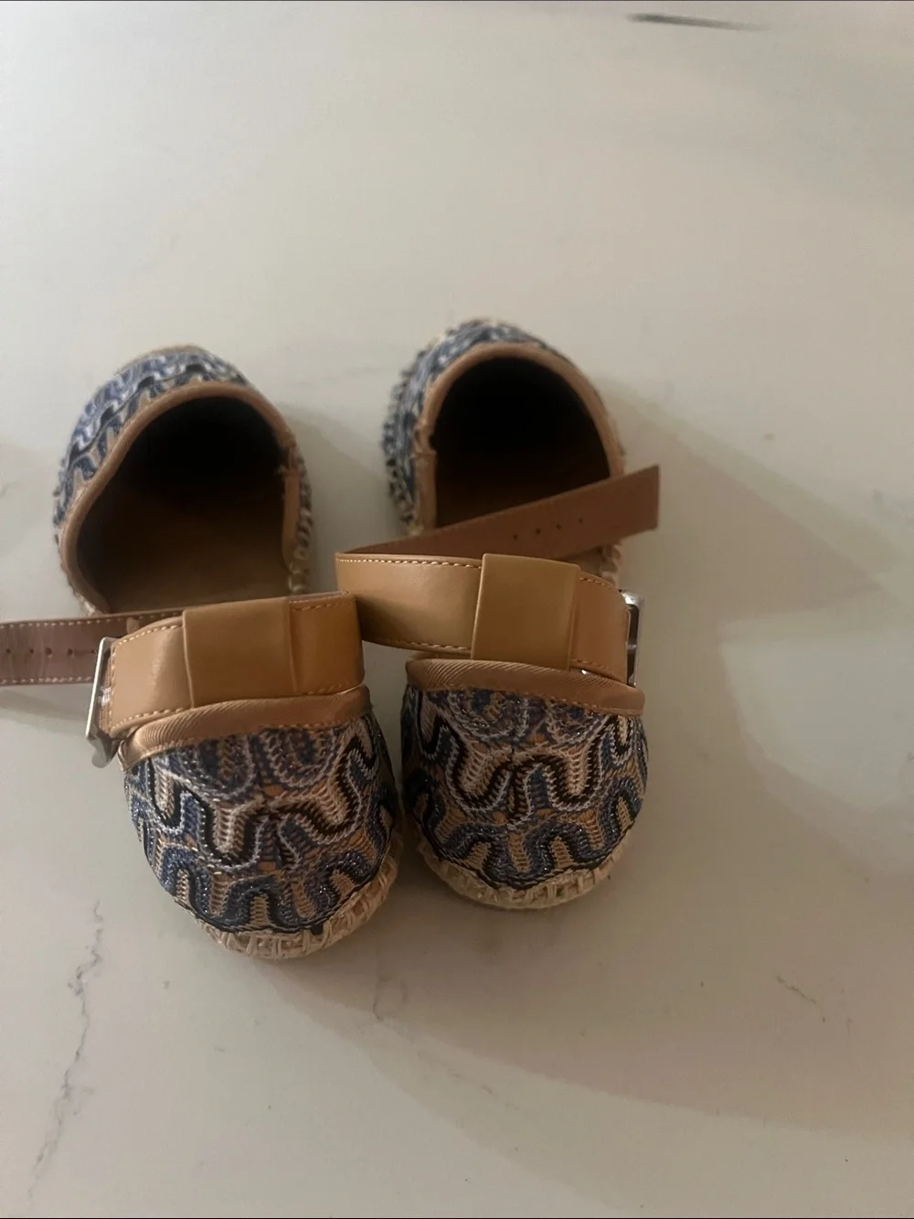 New York & Company Navy and Tan Woven Espadrille Ankle-Strap Flats boho whimsy